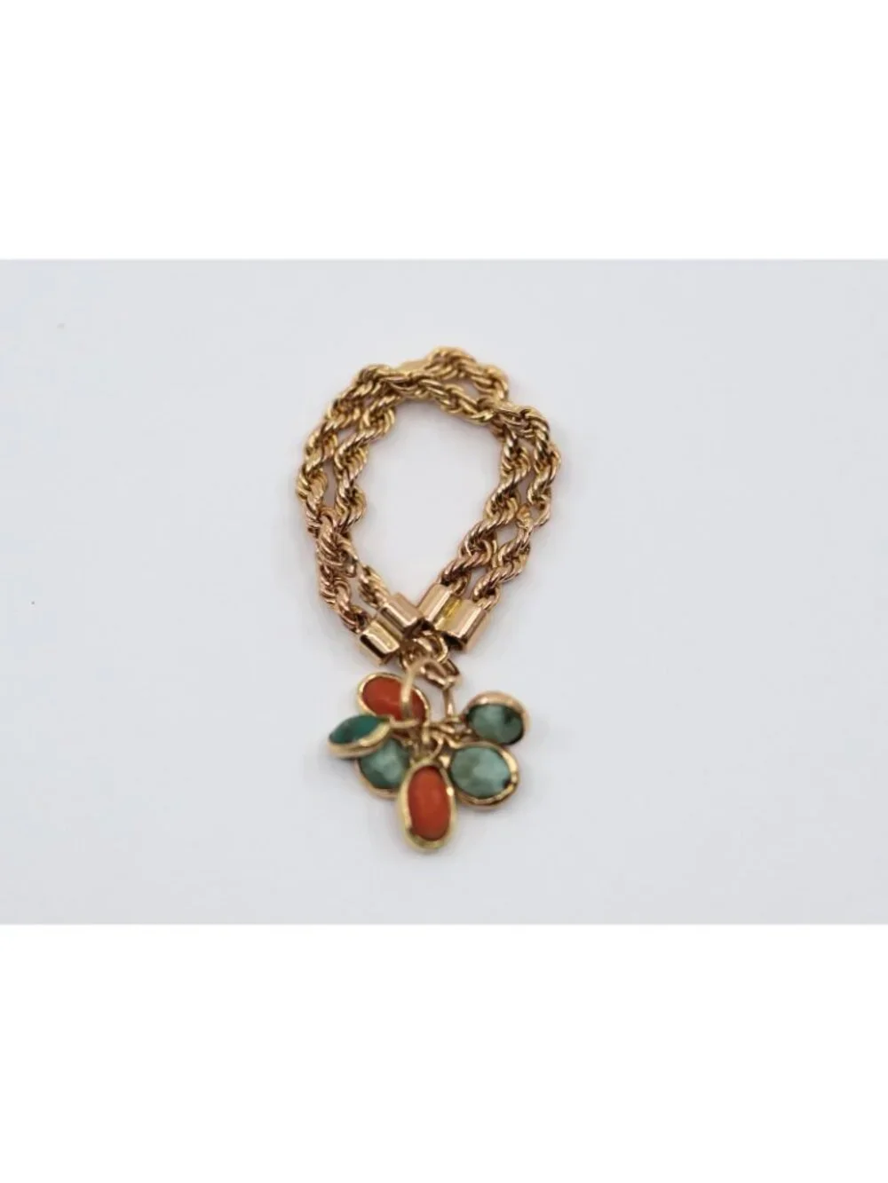 18K Solid Yellow Gold Coral & Turquoise Dangle Double Rope Chain Ring -Size 9.50